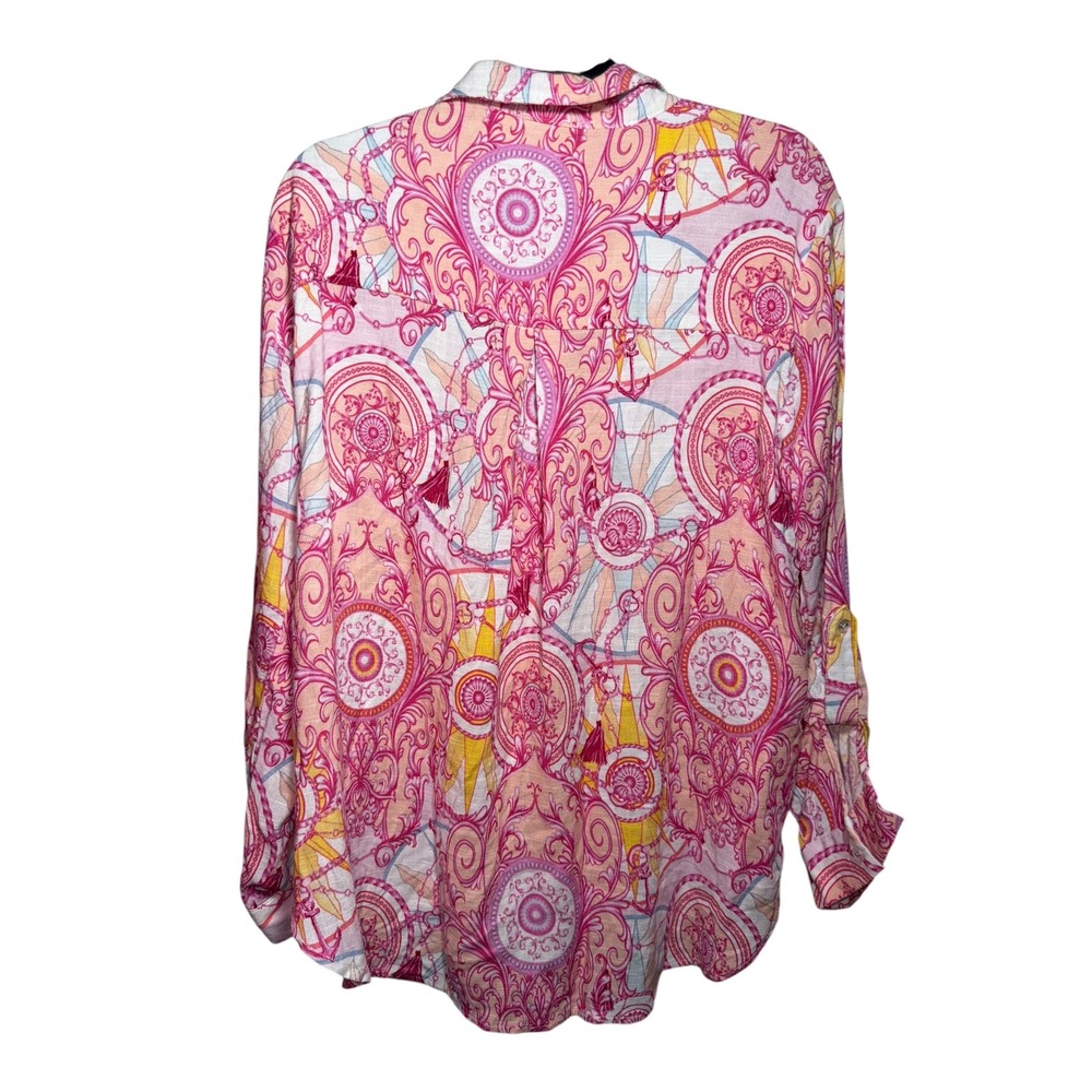 Jane + Delancey NWT Pink Paisley Linen Rayon Button Front Blouse Medium Coastal - Picture 2 of 5